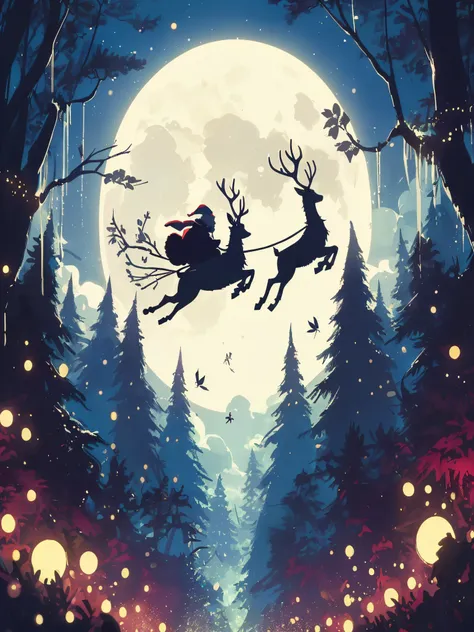 Draw an anime lofi scene of Sillouette of santa on his reindeer ride passing through full moon, forest, jungle, fireflies, no one, decorated, night, no human, cloudy sky, beautiful color palette