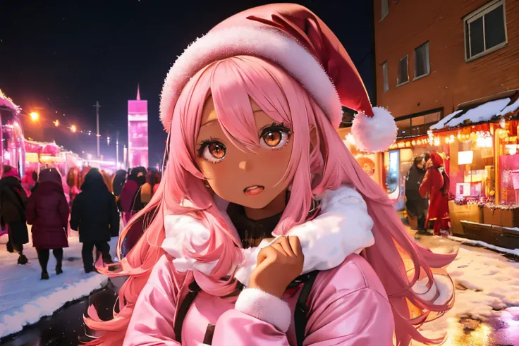 In a snowy city in winter,Voluminous and fluffy pink Santa costume,Christmas tree,Beautiful and fantastic night view,pink hair,black Eyes,There are many gifts and ornaments around, (((brown skin girl))), pink