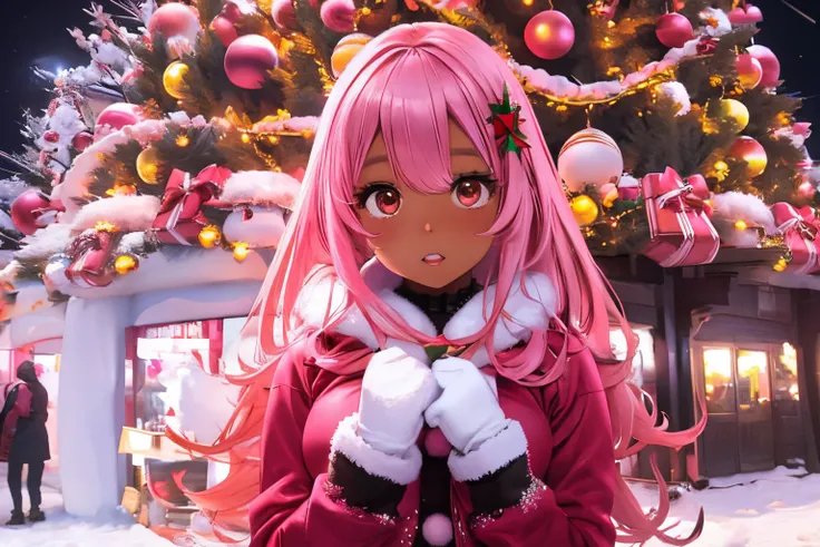 In a snowy city in winter,Voluminous and fluffy pink Santa costume,Christmas tree,Beautiful and fantastic night view,pink hair,black Eyes,There are many gifts and ornaments around, (((brown skin girl))), pink