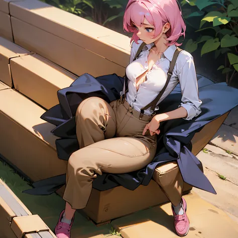 Small heavy breasts, large hips. Older girl. Wearing an unbuttoned shirt, naked breast. Wearing pants with suspenders. Wearing one pink shoe, the other is bare. She is Sitting on a hill. She takes off her pants, showing ass and panties