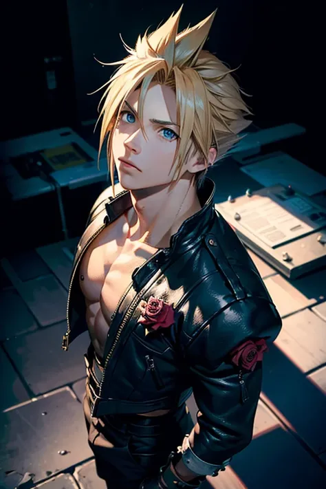 (best quality), (masterpiece), (realistic,) (photo-realistic), ultra-detailed,(from above:1.3),
1boy,male focus,(looking up:1.4),cloud Strife, cool pose, cool background, stylish outfith, rose on the chest