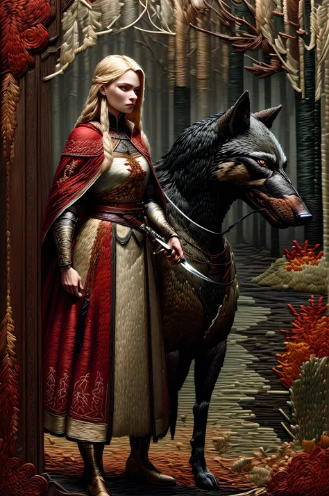 (embroidery artwork: 1.5), punch needle embroidery, masterwork art, ultra wide shot, RAW, a picture of female human ranger and her wolf pet, the ranger, an exquisite beautiful human woman, long blond hair, braided hair, green eyes, wearing leather armor, w...