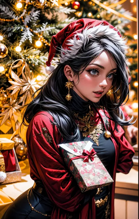 (best quality,4k,8k,highres,masterpiece:1.2),ultra-detailed,realistic,gifts,table,Christmas tree,decorations,wrapping ,bows,ribbon,presents,holiday spirit,vibrant colors,warm lighting,cozy atmosphere,toys,cards,candles,snowflakes,joyful,celebration,exquisi...