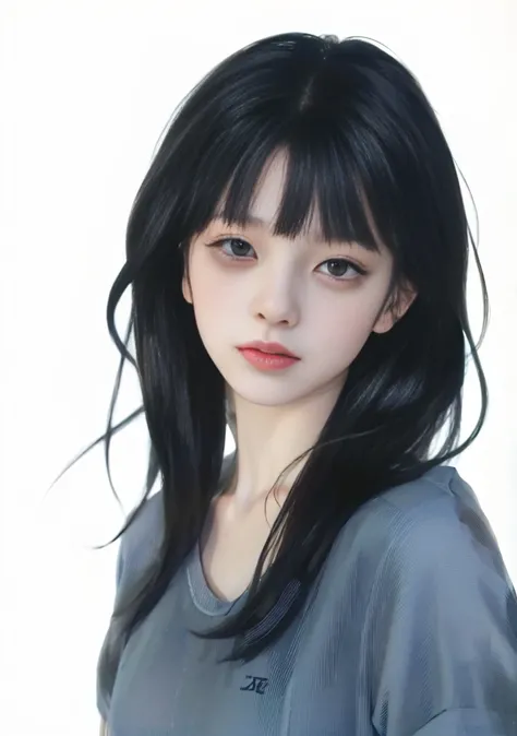 Anime girl with long black hair and blue shirt looking at camera, Portrait anime girl, Anime realistic style, a beautiful anime portrait, By Anime Painter Studio, Anime girl portrait, drawn in anime painter studio, realistic young anime girl, detailed port...