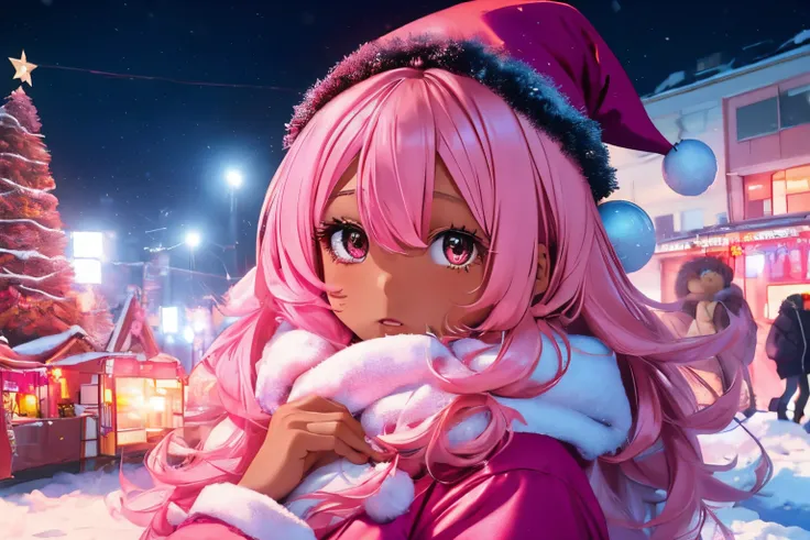 In a snowy city in winter,Voluminous and fluffy pink Santa costume,Christmas tree,Beautiful and fantastic night view,pink hair,black Eyes,There are many gifts and ornaments around, (((brown skin girl))), pink, zoom out