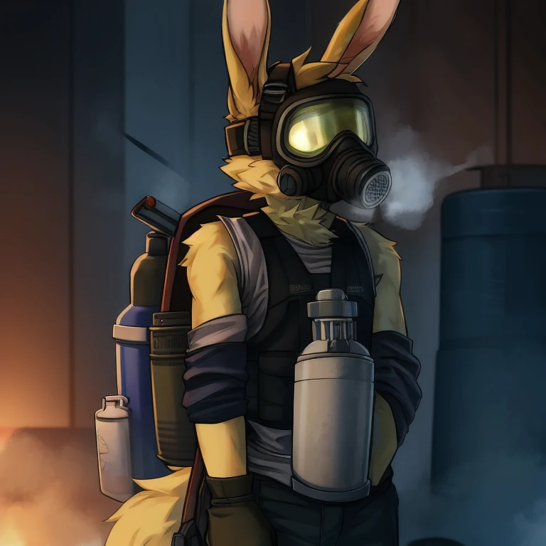 solo, male, rabbit, yellow colored fur, lean body, anthropomorphic rabbit, poisonous gas coming from canister, wearing vest covered with canisters, holding canister spraying poisonous gas, wearing gas mask, bloodshed on clothes