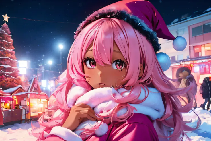 In a snowy city in winter,Voluminous and fluffy pink Santa costume,Christmas tree,Beautiful and fantastic night view,pink hair,black Eyes,There are many gifts and ornaments around, (((brown skin girl))), pink, zoom out