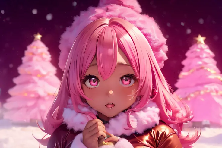In a snowy city in winter,Voluminous and fluffy pink Santa costume,Christmas tree,Beautiful and fantastic pink night view,pink hair,black Eyes,There are many gifts and ornaments around, (((brown skin girl))), pink, pink background