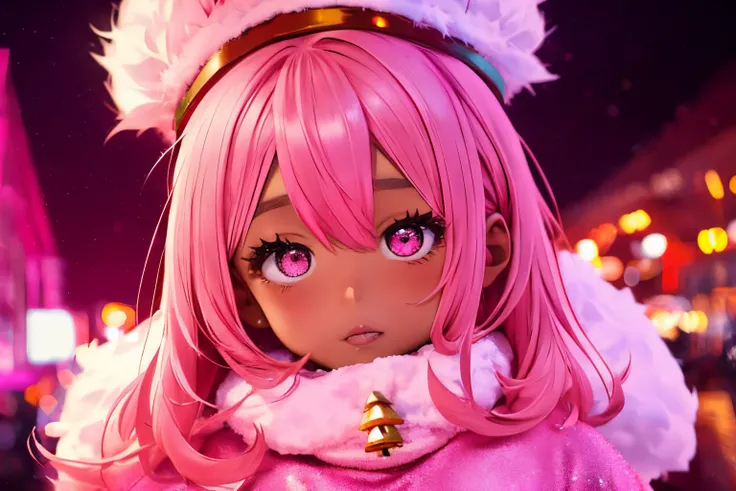 In a snowy city in winter,Voluminous and fluffy pink Santa costume,Christmas tree,Beautiful and fantastic pink night view,pink hair,black Eyes,There are many gifts and ornaments around, (((brown skin girl))), pink, pink background