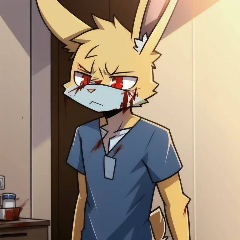 solo, male, rabbit, yellow colored fur, lean body, anthropomorphic rabbit, surgeon, tired, dark bags under eyes, unhappy expression, red eyes, blood marks on shirt, blue shirt