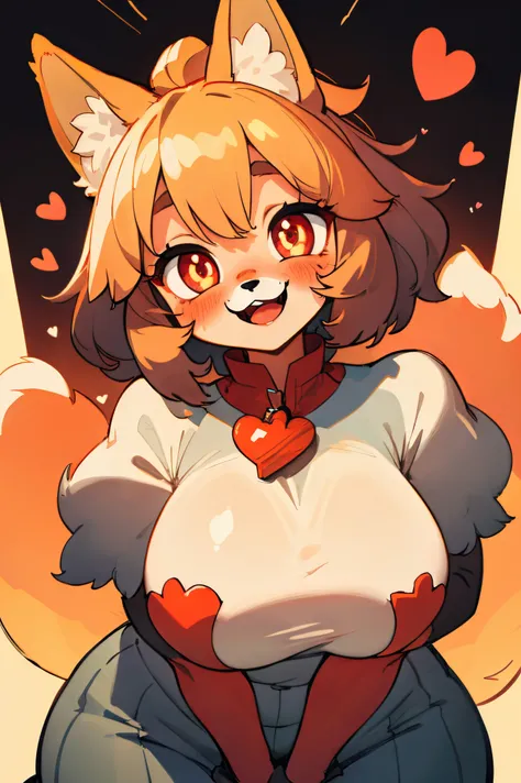 (best quality, masterpiece), 1girl, (furry), fox girl, happy, blush, plump, fluffy, heart-shaped pupils,