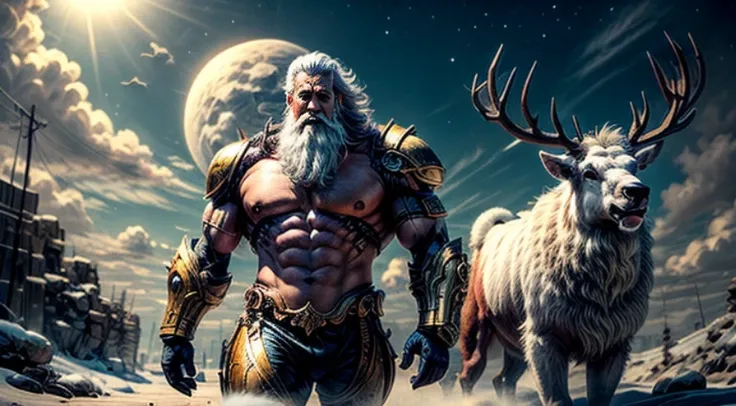 Zeus greek god as Santa Claus outfit post-apocalyptic world Ride a large, fierce, and formidable cyborg reindeer. Cross through the abandoned Atlantis empire ,a lot item around , Surreal, mysterious colorful