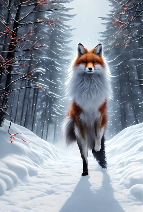 a red fox with red wings stands in the snow, six tailed fox, fantasy fox love, furry fantasy art, ethereal fox, Kitsune three-tailed fox, realistic fantasy illustration, art of silverfox, very very beautiful furry art, an anthropomorphic fox, realistic fan...