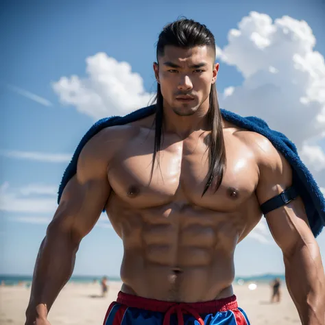 Mongolian muscular man with chest muscles