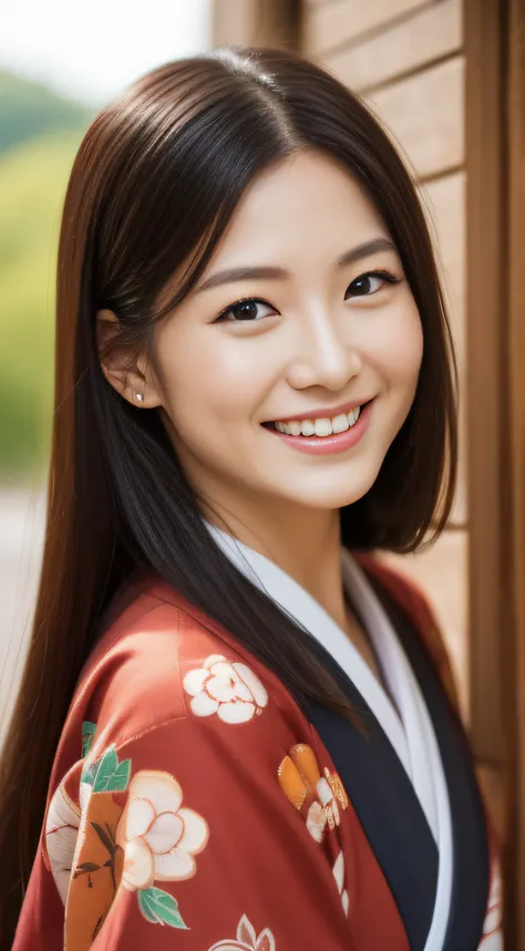 The charming face of the hostess、japanese kimono、hiquality、A hyper-realistic、healthy、Smiling expression、Slender perfect figure、Japan beauties、 perfect eyes beautiful skin、The upper part of the body、Shrines and temples