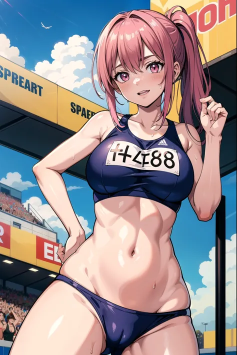 8K Wallpaper, masterpiece, best quality, illustration, looking at viewer, cowboy shot, 1 woman, solo, 20 yo, from below:1.3, BREAK（pink hair）, （pink ponytail）, pink eyes, blush, (grin:0.5), (happy:0.9), medium large breasts, rocket bit, （standing pose, Spr...