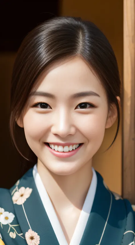 The charming face of the hostess、Floral Japan Kimono、hiquality、A hyper-realistic、healthy、Smiling expression、Slender perfect figure、Japan beauties、 perfect eyes beautiful skin、The upper part of the body、Shrines and temples