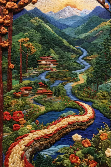 Best quality，tmasterpiece，超高分辨率，（Shoot real：1.4），Movie Angle，（sunaiyun，mountain ranges，ln the forest，rios，chinesedragon），（embroidery，quilted embroidery，geomerty），（plethora of colorest quality，high detal，tmasterpiece，Cinematic lighting effects，4K，Chiaroscur...