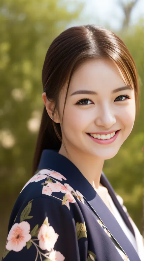 The charming face of the hostess、Floral Japan Kimono、hiquality、A hyper-realistic、healthy、Smiling expression、Slender perfect figure、Japan beauties、 perfect eyes beautiful skin、The upper part of the body、shrines