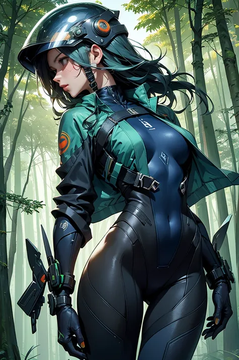 Female woman, ninja assassin wearing Cyberhelmet with iridescent color-changing properties, (Mandarin Jacket:1.2), (tight full bodysuit:1.1), (Forest Glade,Skyward Blue color background:1.3),