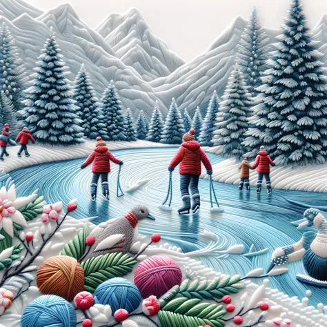 create a (32k masterpiece, best quality:1.4) illustrated 3d framed embroidery, macro detailed stitching, intricate fabric texture, picture-perfect winter wonderland scene with a family ice skating on a frozen lake, focus on the stitching detail showing eve...