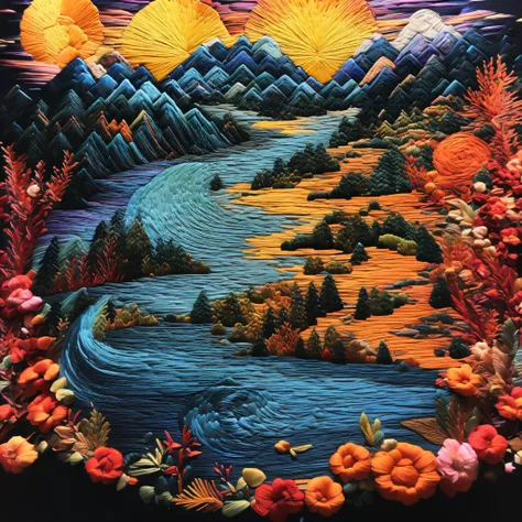 Best quality，tmasterpiece，超高分辨率，（Shoot real：1.4），Movie Angle，（sunaiyun，mountain ranges，ln the forest，rios，chinesedragon），（embroidery，quilted embroidery，Su Embroidery），（plethora of colorest quality，high detal，tmasterpiece，Cinematic lighting effects，4K，Chiar...