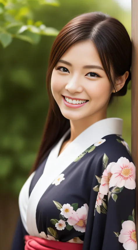 The sharp face of the hostess、Floral Japan Kimono、hiquality、A hyper-realistic、healthy、Smiling expression、Slender perfect figure、Japan beauties、 perfect eyes beautiful skin、The upper part of the body、shrines