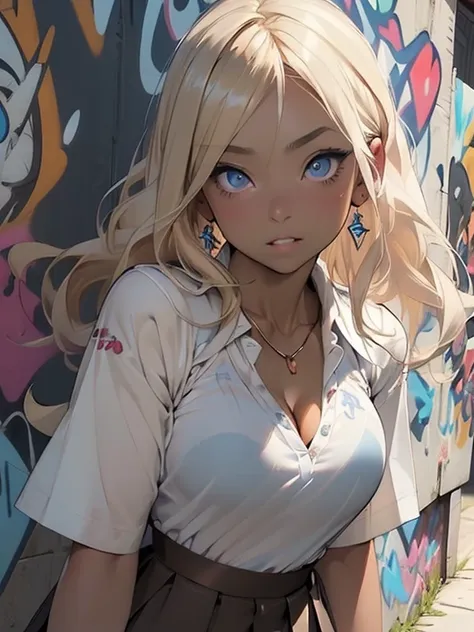 (Blonde long hair)、 prostitute sitting and opening legs 、Full body posture、 (A detailed eye、blue eyess、二重まぶた、A slight smil、embarrassed from、Thick lip、Opens mouth and laughs)、( (Short White Polo Shirt:1.3)、(Show cleavage:1.5)、(Black pleated skirt:1.3)、(Sexy...