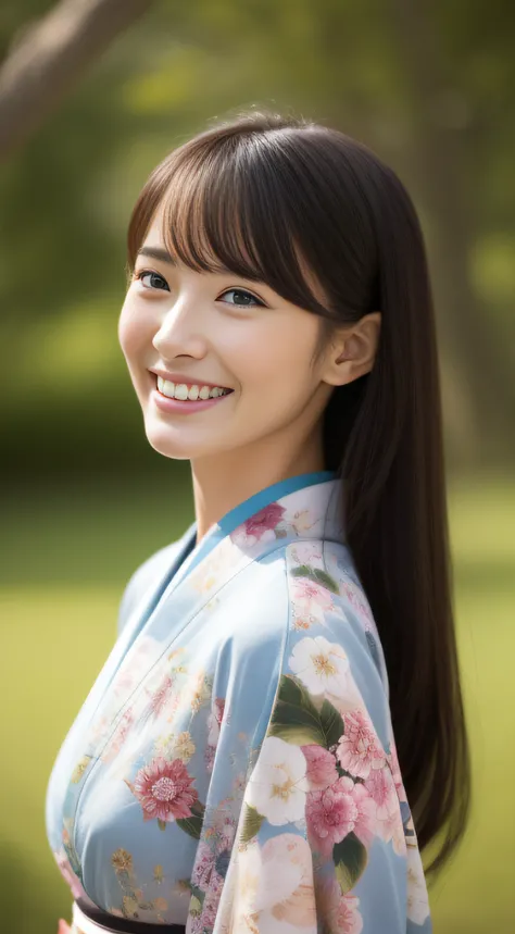 The sharp face of the hostess、Floral Japan Kimono、hiquality、A hyper-realistic、healthy、Smiling expression、Slender perfect figure、Japan beauties、 perfect eyes beautiful skin、The upper part of the body、shrines