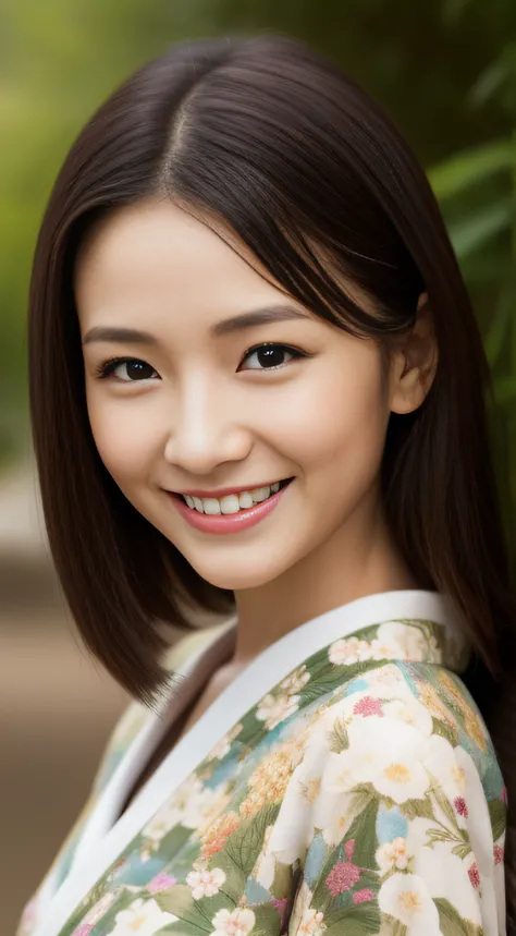 The sharp face of the hostess、Floral Japan Kimono、hiquality、A hyper-realistic、healthy、Smiling expression、Slender perfect figure、Japan beauties、 perfect eyes beautiful skin、The upper part of the body、shrines