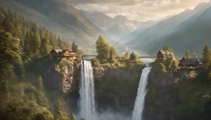 painting of a waterfall in a mountainous area with a house on the top, vertical wallpaper, 4 k vertical wallpaper, 4k vertical wallpaper, 8 k vertical wallpaper, 8k vertical wallpaper, ross tran. scenic background, beautiful mattepainting, 4 k matte painti...