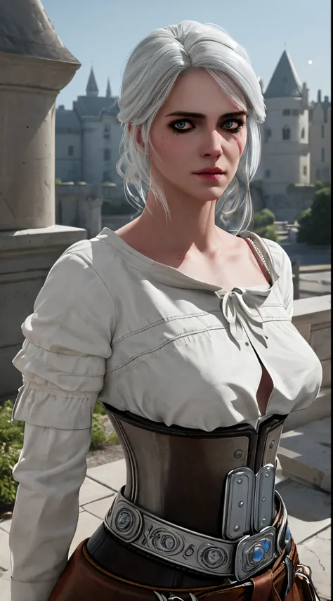 (best quality:1) , (masterpiece:1), (ultra detailed:1), scars, white hair, ( realism, photorealism, looking at viewer:1.2), arms behind back, upper body,  medium breasts, (standard outfit, shirt, corset:1.2), scenery, castle background,