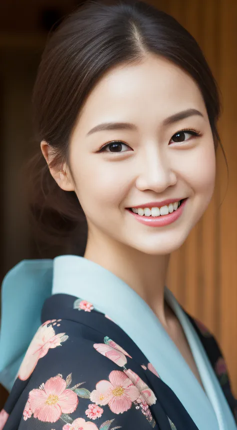 The cheerful face of the landlady、Floral Japan Kimono、hiquality、A hyper-realistic、healthy、Smiling expression、Slender perfect figure、Japan beauties、 perfect eyes beautiful skin、The upper part of the body、shrines