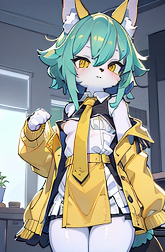 beautiful (wolf girl), (small breasts), vibrant colours, apartment interior, ((mint green short fluffy hair)), (glowing) yellow eyes, (wearing a golden jacket with trims and detailing), ((black button up shirt)), ((gold necktie))