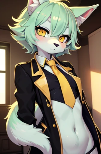 beautiful (wolf girl), (small breasts), vibrant colours, apartment interior, ((mint green short fluffy hair)), (glowing) yellow eyes, (golden jacket), ((black suit shirt)), ((gold necktie))