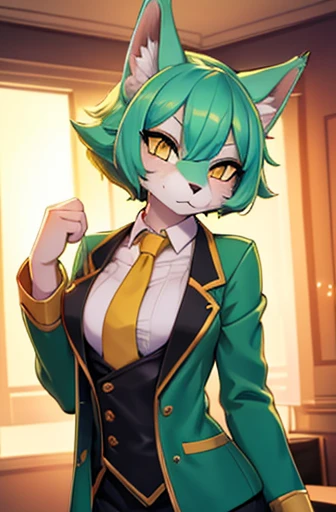 A beautiful wolf girl with vibrant colors stands in an apartment interior. She has mint green short fluffy hair and glowing yellow eyes. She is wearing a golden jacket over a black suit shirt and a gold necktie. The overall atmosphere is filled with vibran...