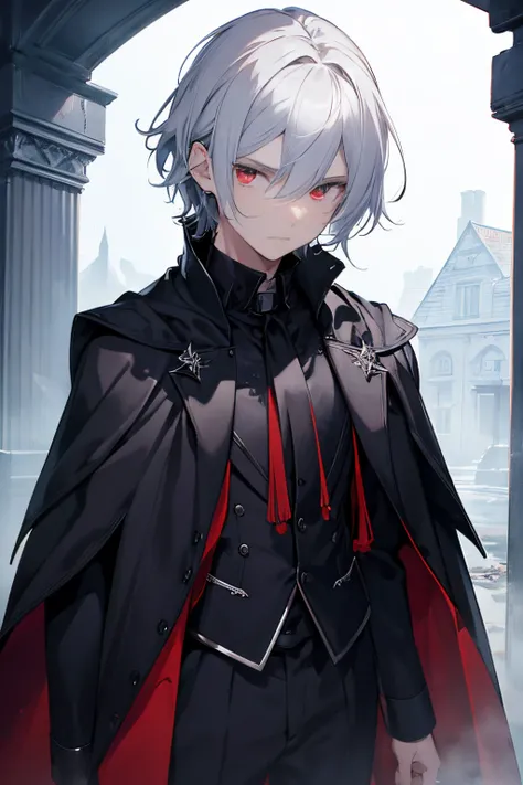 (Best Quality,hight resolution,Ultra-detailed,Realistic:1.2),A boy with white hair and dark red eyes, Highly detailed, emits a dark aura, Looks like a half demon, Standing in a mysterious landscape of darkness and shadows, dressed in a black cloak. The boy...