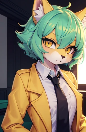 A beautiful small breasted wolf girl with vibrant colors stands in an apartment interior. She has mint green short ((fluffy hair)) and glowing yellow eyes. She is wearing a ((golden jacket over a black suit shirt and a gold necktie)). The overall atmospher...