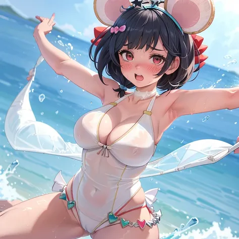 1 girl,Lori,Petite,huge-breasted,pointed breast,cleavage,underboob,sideboob barbosa,(blush),((embarrassed)),Wet,spreading arms,Open legs,(((Clothes lift))),(see through),(((white))),(((White School Swimsuit))),