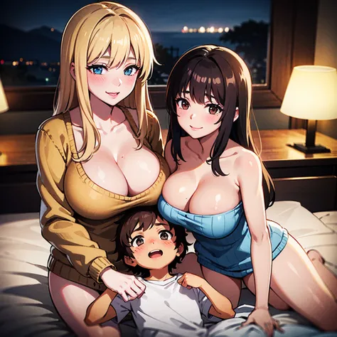 ((1son), 2women), Sexy mom in bed with her young son, Picture of a Polaroid, grainy, hot sweet innocent young European milfs and their young son, with blonde and brown hair having a fun sexy party on island, (sweater), smile, sexy, innocent, riding a hard,...