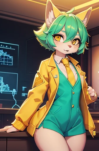 A beautiful small breasted wolf girl with vibrant colours stands in an apartment interior. She has mint green short ((scruffy hair)) and glowing yellow eyes. She is wearing a ((golden scientist jacket with a gold necktie)). The overall atmosphere is filled...