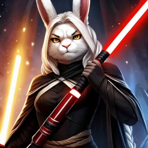 A sexy furry female rabbit with white fur, yellow eyes, white braid hair, lop rabbit ears, wearing an assassin attire, holding two lightsabers, frown expression, glaring at viewer