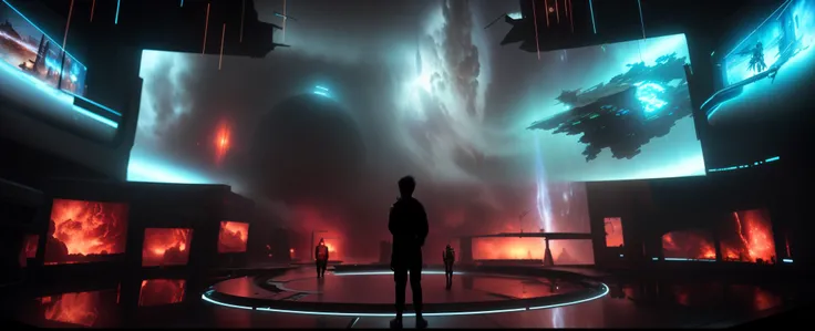 Feder image of a man standing in front of a big screen, depicted as a scifi scene, Epic science fiction movie stills, Stills from an epic science fiction movie, in a scifi movie, Sci-fi movie stills, matte painting of human mind, surreal sci fi set design,...