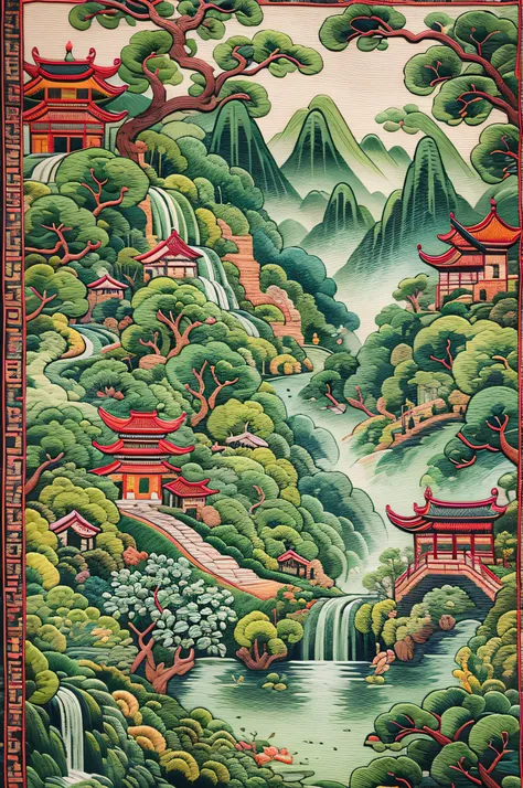 needlepoint，embroidery antique scene，green dragon，lotus flower，waterfall man，blue-sky，baiyun，chinese landscape painting