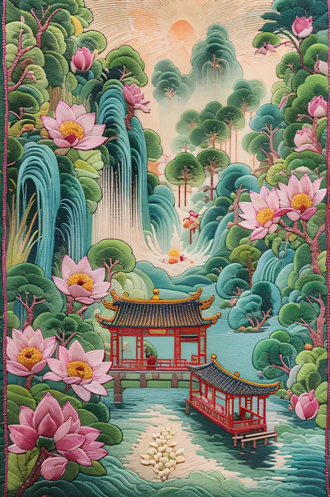 needlepoint，embroidery antique scene，fenghuang，lotus flower，waterfall man，blue-sky，baiyun，chinese landscape painting