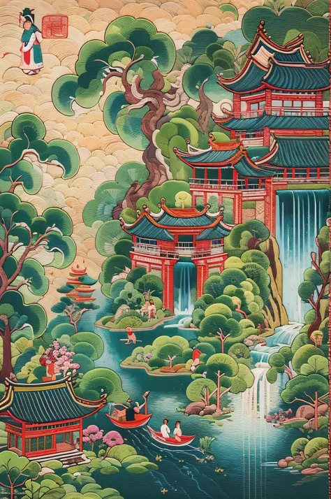 needlepoint，embroidery antique scene，fenghuang，lotus flower，waterfall man，blue-sky，baiyun，chinese landscape painting