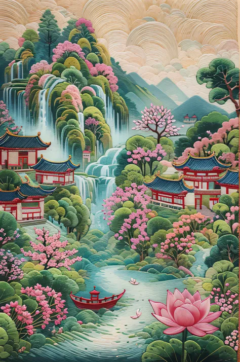 needlepoint，embroidery antique scene，fenghuang，lotus flower，waterfall man，blue-sky，baiyun，chinese landscape painting