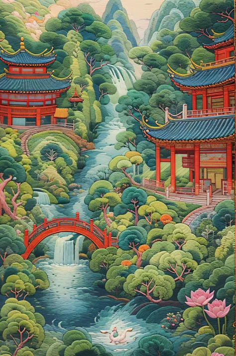 needlepoint，embroidery antique scene，fenghuang，lotus flower，waterfall man，blue-sky，baiyun，chinese landscape painting