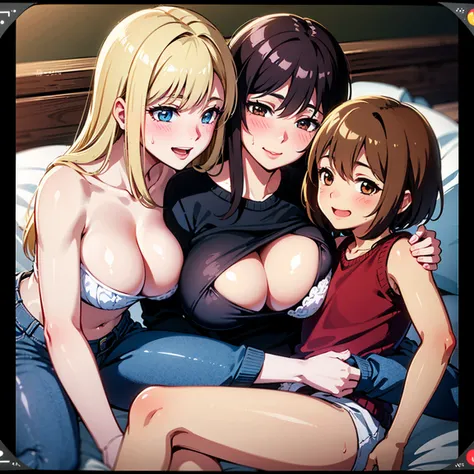 ((1son), 2women), Sexy mom in bed with her young son, Picture of a Polaroid, grainy, hot sweet innocent young European milfs and their young son, with blonde and brown hair having a fun sexy party on island, (sweater), smile, sexy, innocent, riding a hard,...