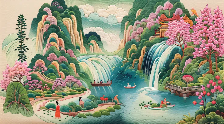 needlepoint，embroidery antique scene，fenghuang，lotus flower，waterfall man，blue-sky，baiyun，chinese landscape painting